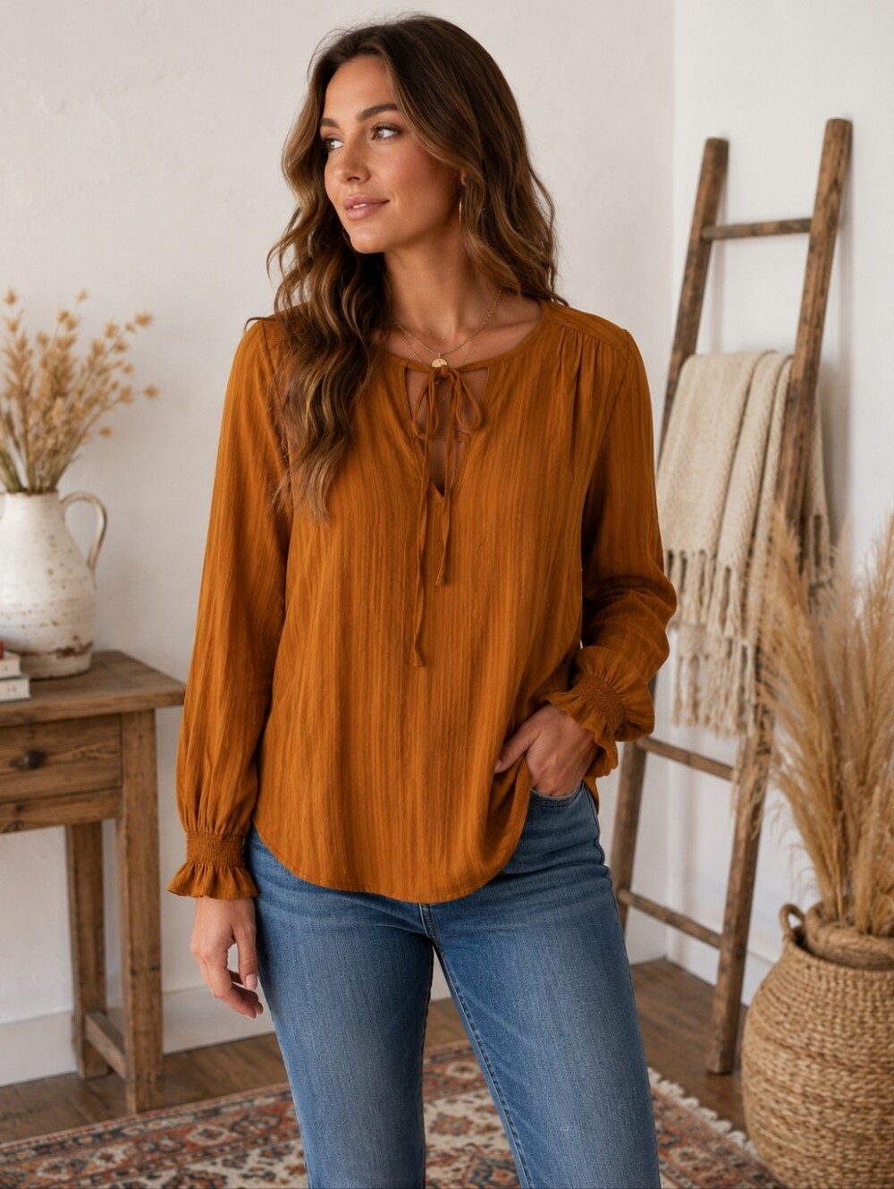 Knox Rose Women’s M Rust Peasant Blouse Boho Tie Neck Ruffle Sleeve